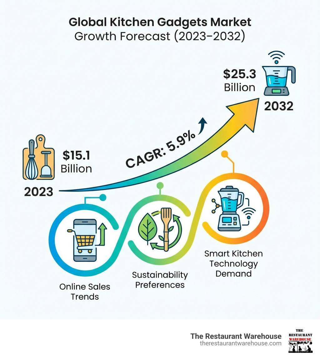 infographic showing the projected growth of the global kitchen gadgets market from USD 15.1 billion in 2023 to USD 25.3 billion by 2032, with a CAGR of 5.9%, including key growth drivers such as online sales trends, sustainability preferences, and smart kitchen technology demand - Wholesale kitchen gadgets infographic