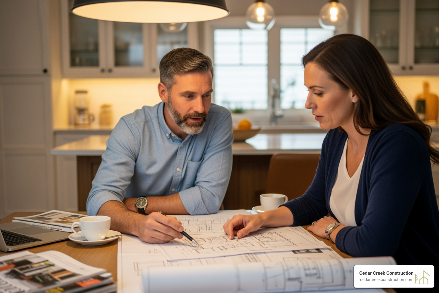 image of a designer and homeowner discussing blueprints at a kitchen table. - Deck design consultation image of a designer and homeowner discussing blueprints at a kitchen table. - Deck design consultation