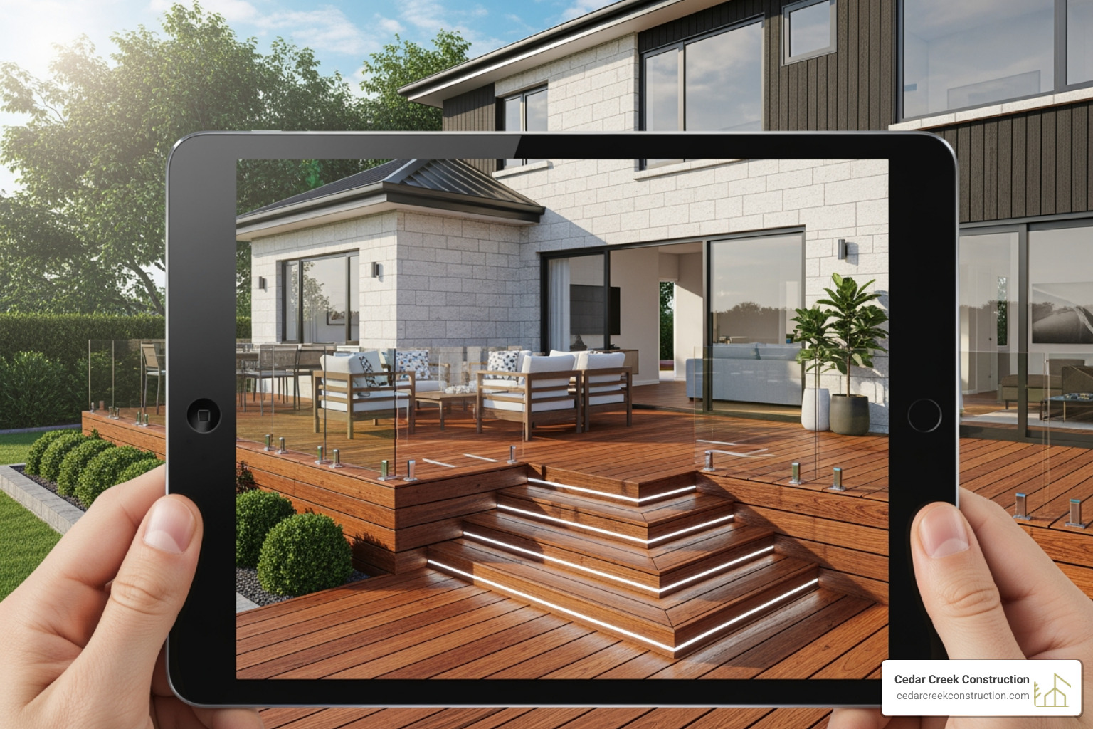 image of a 3D deck rendering on a tablet screen. - Deck design consultation image of a 3D deck rendering on a tablet screen. - Deck design consultation