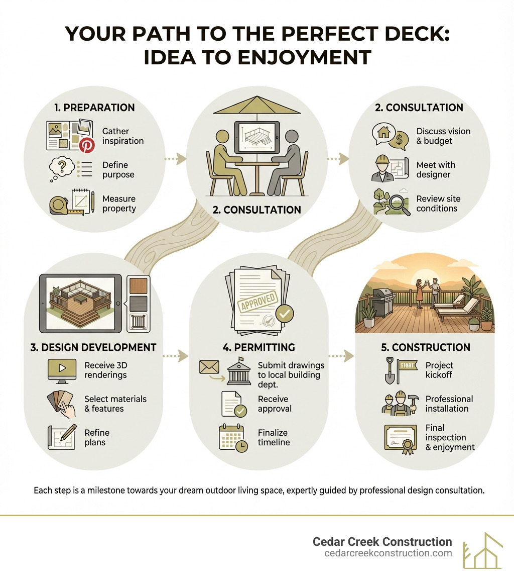 Infographic showing the 5 key steps from initial deck idea to finished construction: 1) Preparation - gather inspiration, define purpose, measure property, 2) Consultation - meet with designer, discuss vision and budget, review site conditions, 3) Design Development - receive 3D renderings, select materials and features, refine plans, 4) Permitting - submit drawings to local building department, receive approval, finalize timeline, 5) Construction - project kickoff, professional installation, final inspection and enjoyment - Deck design consultation infographic Infographic showing the 5 key steps from initial deck idea to finished construction: 1) Preparation - gather inspiration, define purpose, measure property, 2) Consultation - meet with designer, discuss vision and budget, review site conditions, 3) Design Development - receive 3D renderings, select materials and features, refine plans, 4) Permitting - submit drawings to local building department, receive approval, finalize timeline, 5) Construction - project kickoff, professional installation, final inspection and enjoyment - Deck design consultation infographic