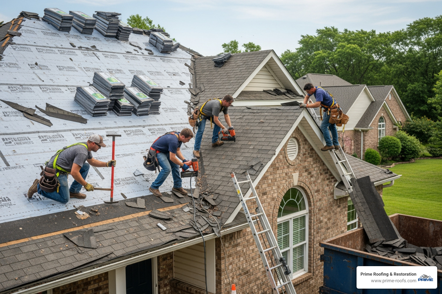 A professional roofing crew working on a storm-damaged roof, replacing shingles and making repairs. - storm damage repair
