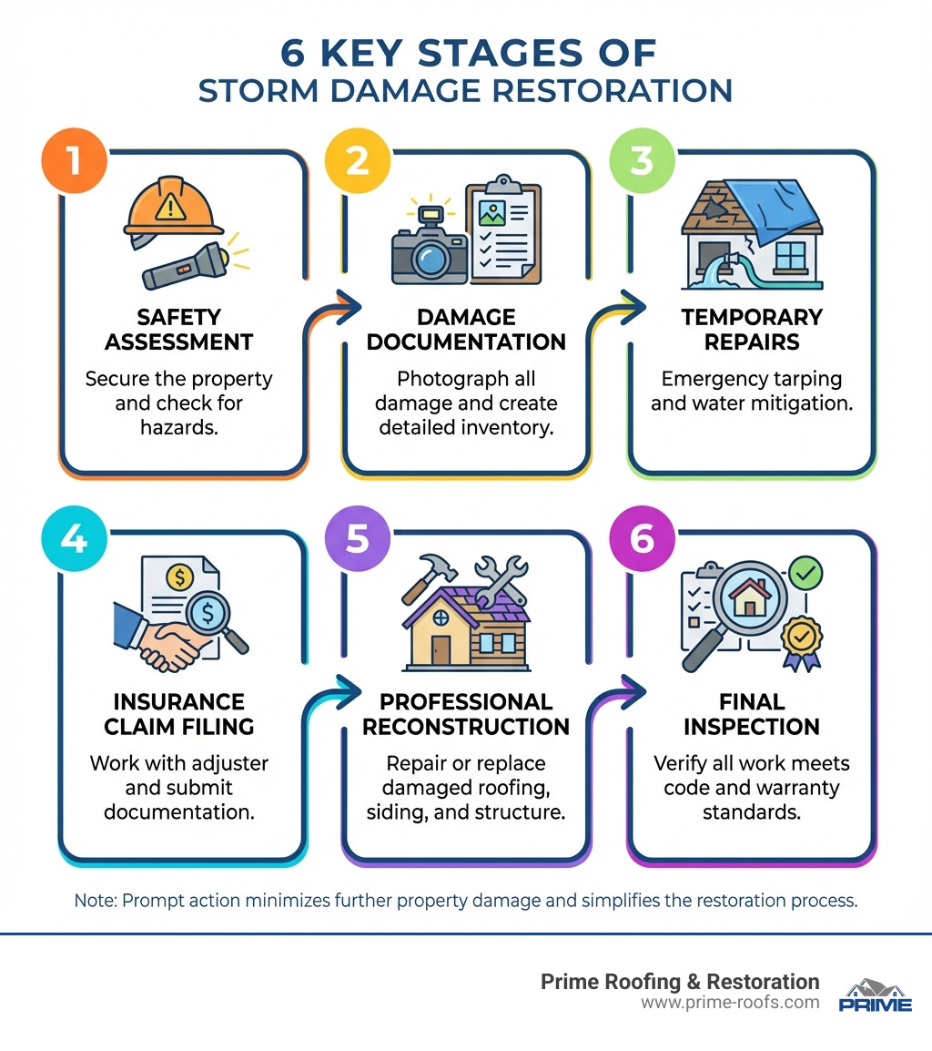 Infographic showing the 6 key stages of storm damage restoration: 1) Safety Assessment - secure the property and check for hazards, 2) Damage Documentation - photograph all damage and create detailed inventory, 3) Temporary Repairs - emergency tarping and water mitigation, 4) Insurance Claim Filing - work with adjuster and submit documentation, 5) Professional Reconstruction - repair or replace damaged roofing, siding, and structure, 6) Final Inspection - verify all work meets code and warranty standards - storm damage repair infographic 