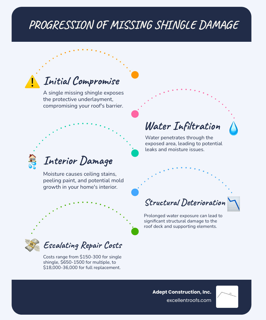 Infographic showing the progression of missing shingle damage: 1) Single missing shingle exposing underlayment, 2) Water penetration through exposed area, 3) Interior ceiling stains and potential mold growth, 4) Structural damage to roof deck. Includes average repair costs: single shingle repair $150-300, multiple shingles $650-1500, full replacement $18,000-36,000 - missing shingle repair infographic infographic-line-5-steps-blues-accent_colors