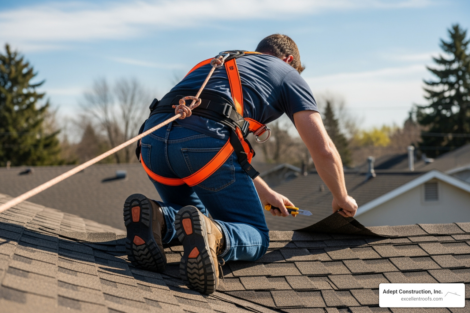 A person safely working on a roof with a harness and proper footwear, repairing a shingle - missing shingle repair