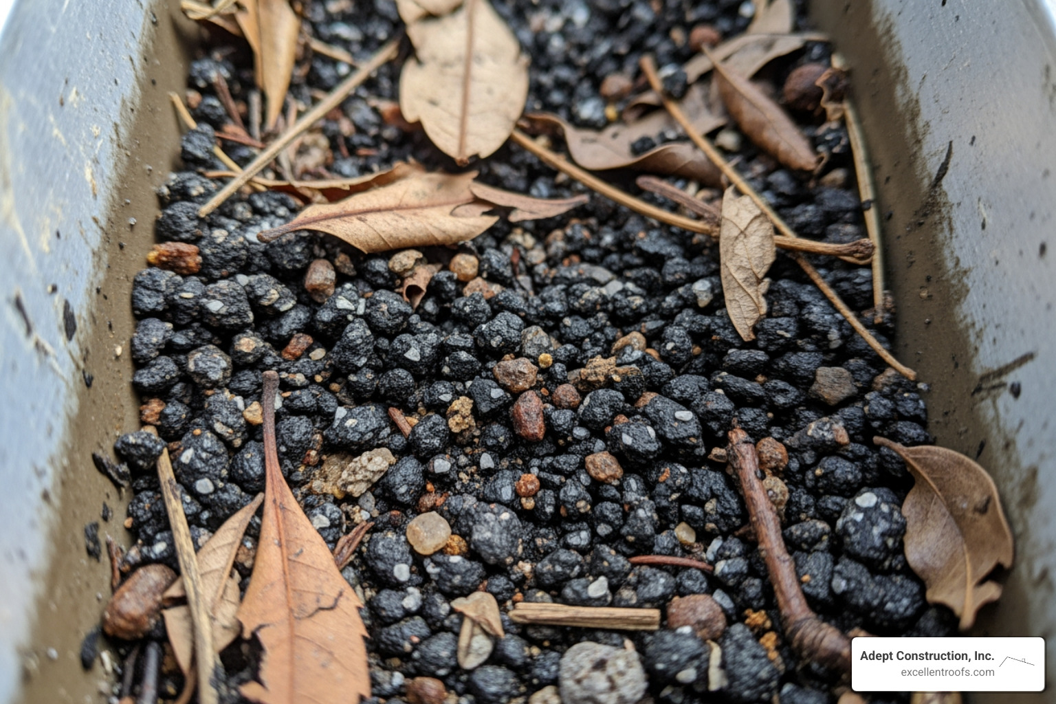 shingle granules collected in a gutter - missing shingle repair