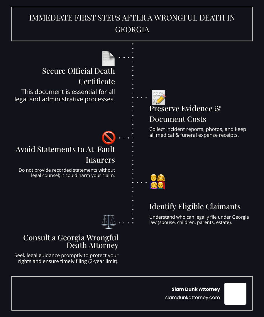 Infographic showing the immediate first steps a Georgia family should take after a wrongful death: 1. Obtain an official death certificate, 2. Gather any evidence from the incident scene if possible, 3. Report the death to relevant insurance companies, 4. Keep receipts for all expenses related to medical care, funeral, and burial, 5. Avoid giving statements to the at-fault party's insurance company alone, 6. Contact a Georgia wrongful death attorney within the two-year statute of limitations, 7. Determine who has legal standing to file the claim under Georgia law - wrongful death law firms infographic infographic-line-5-steps-dark