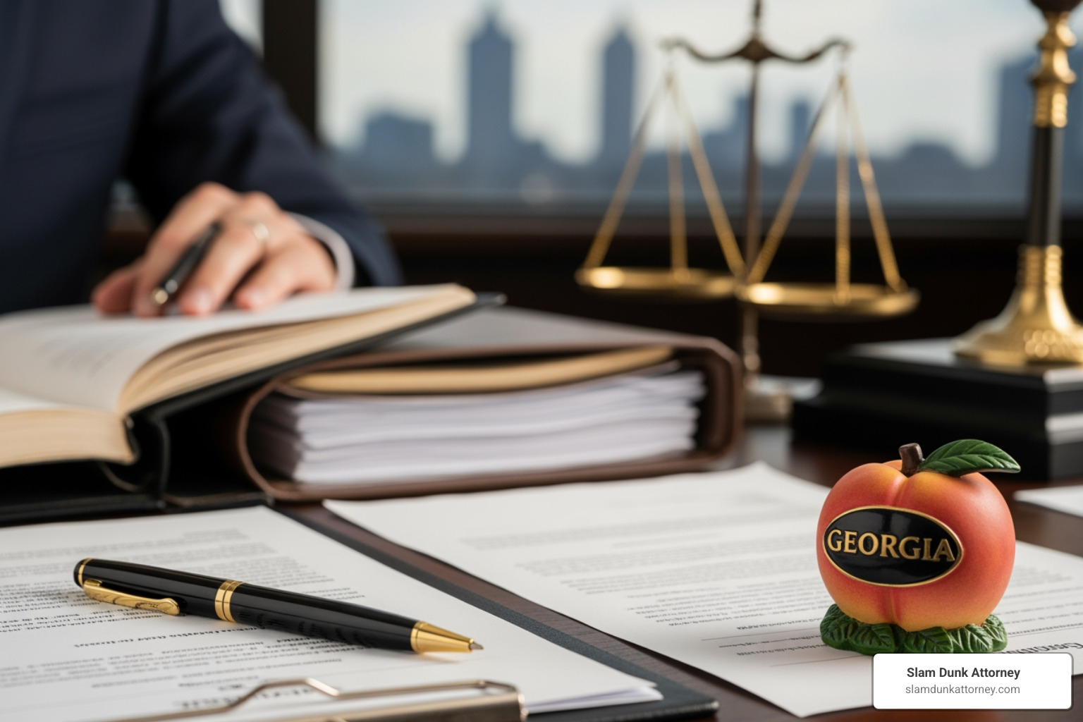 A checklist titled "What a Wrongful Death Lawyer Does For You" with items like: Provides Legal Guidance, Investigates Thoroughly, Negotiates with Insurers, Calculates Full Damages, Represents in Court, Offers Contingency Fees, Supports the Family. The checklist is on a desk with a Georgia peach figurine. - wrongful death law firms