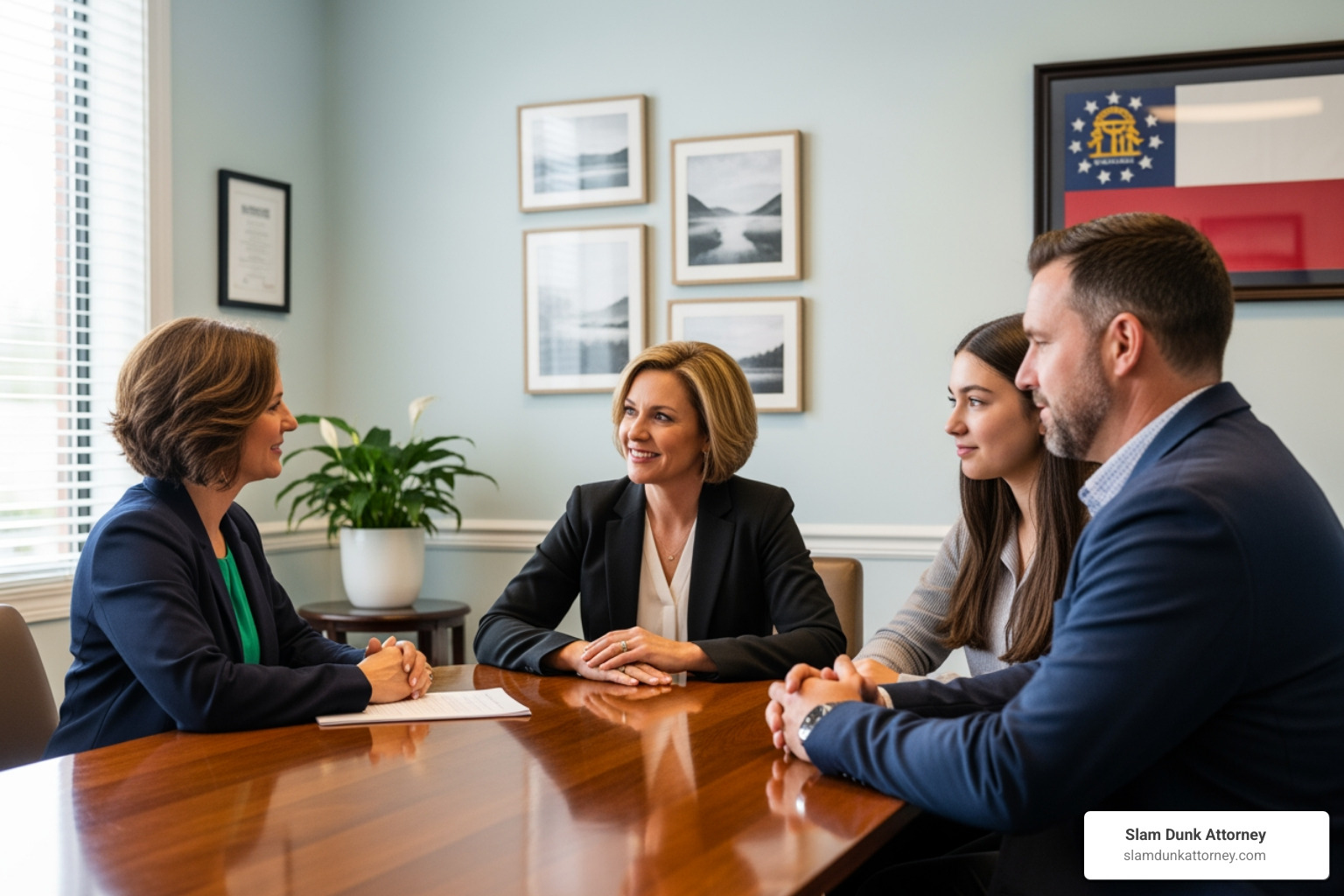 A compassionate lawyer meeting with a family in a comfortable, non-intimidating office setting in Georgia, with a framed Georgia state flag subtly in the background - wrongful death law firms
