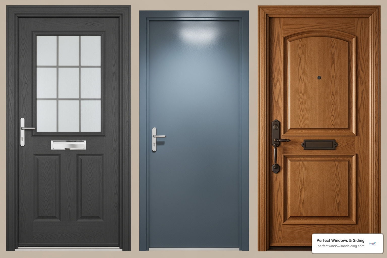 Different door materials (fiberglass, steel, wood) side-by-side - front door installation Chicago