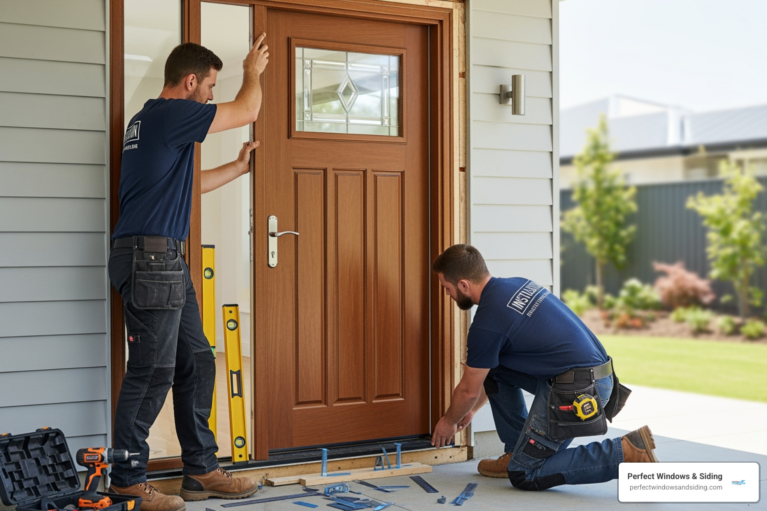 installers carefully setting a new door into a frame - front door installation Chicago