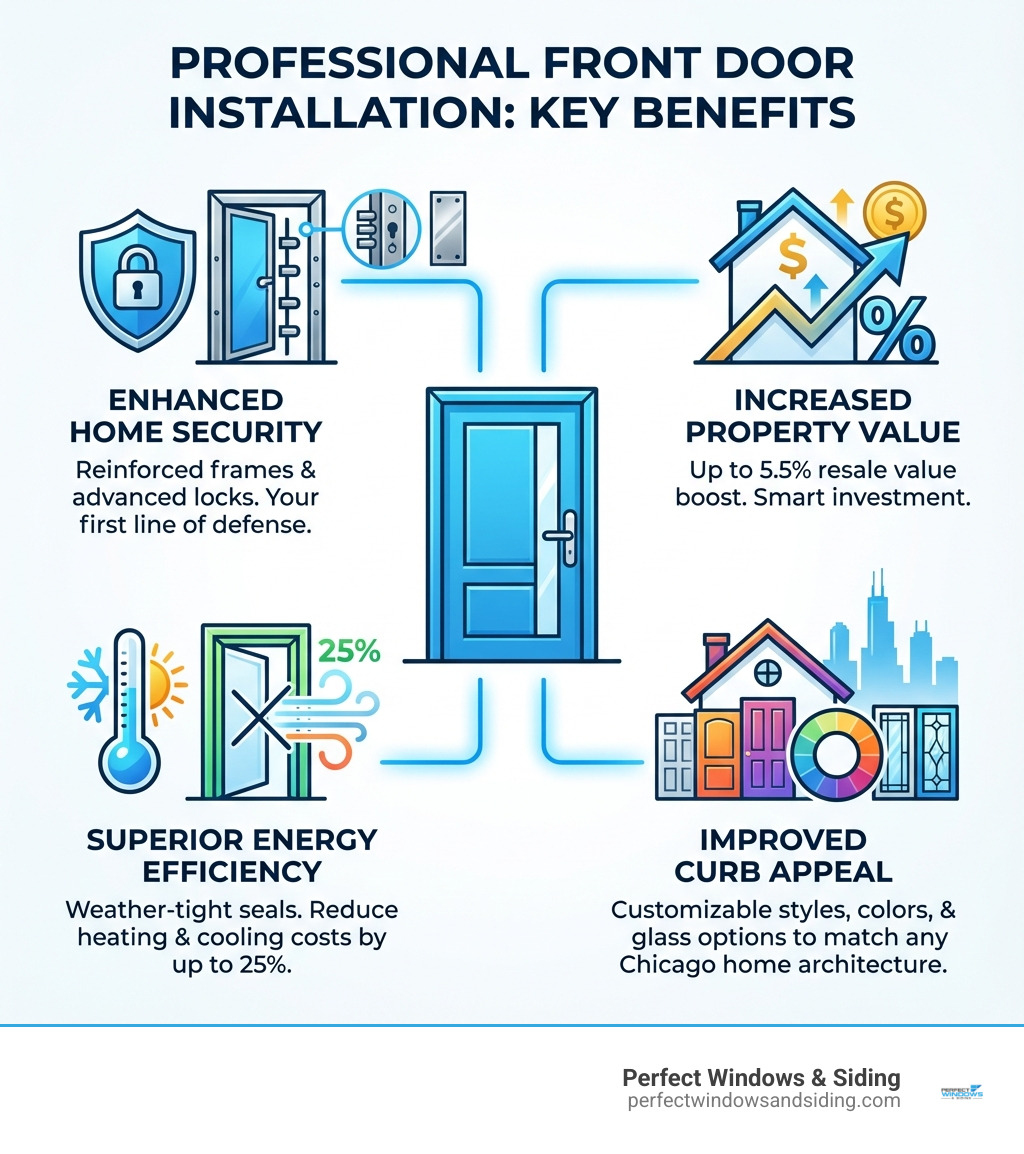 Infographic showing the key benefits of professional front door installation: Enhanced Home Security with reinforced frames and advanced locks, Increased Property Value with up to 5.5% resale value boost, Superior Energy Efficiency with weather-tight seals reducing heating and cooling costs by up to 25%, and Improved Curb Appeal with customizable styles, colors, and glass options to match any Chicago home architecture - front door installation Chicago infographic 