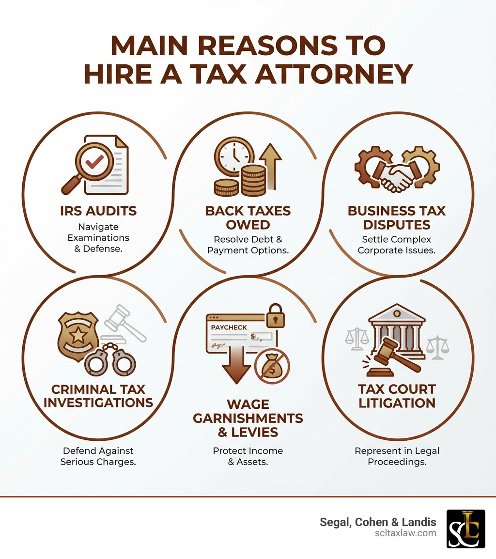 infographic showing main reasons to hire a tax attorney including IRS audits, back taxes owed, business tax disputes, criminal tax investigations, wage garnishments and levies, and tax court litigation - top rated tax attorneys near me infographic infographic showing main reasons to hire a tax attorney including IRS audits, back taxes owed, business tax disputes, criminal tax investigations, wage garnishments and levies, and tax court litigation - top rated tax attorneys near me infographic