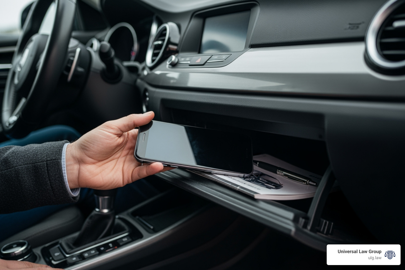 A driver putting their phone into the glove compartment before starting the car - how to prevent distracted driving