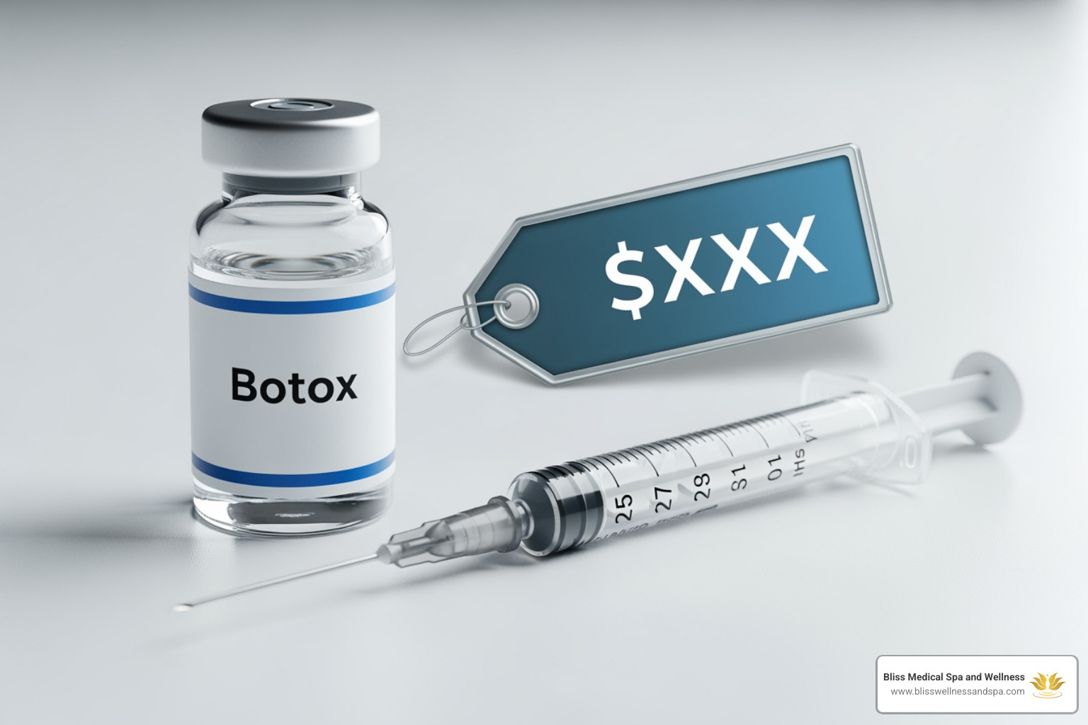Botox vial and syringe next to a price tag graphic - Botox deals Phoenix