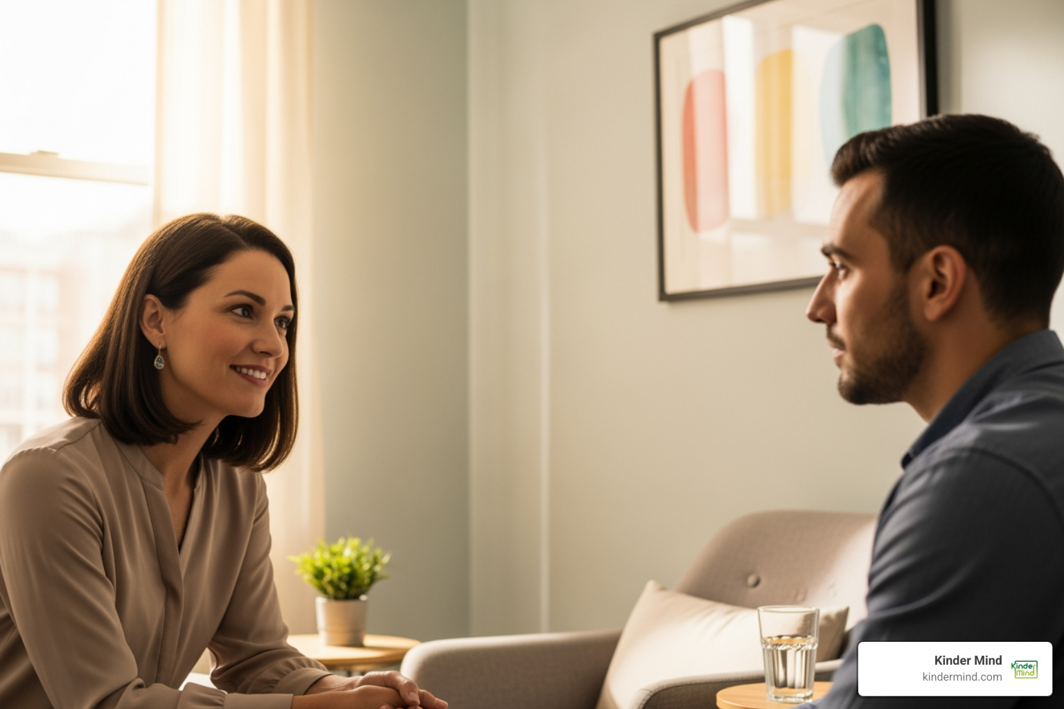 therapist talking to an individual in a calm setting - discernment couples counseling