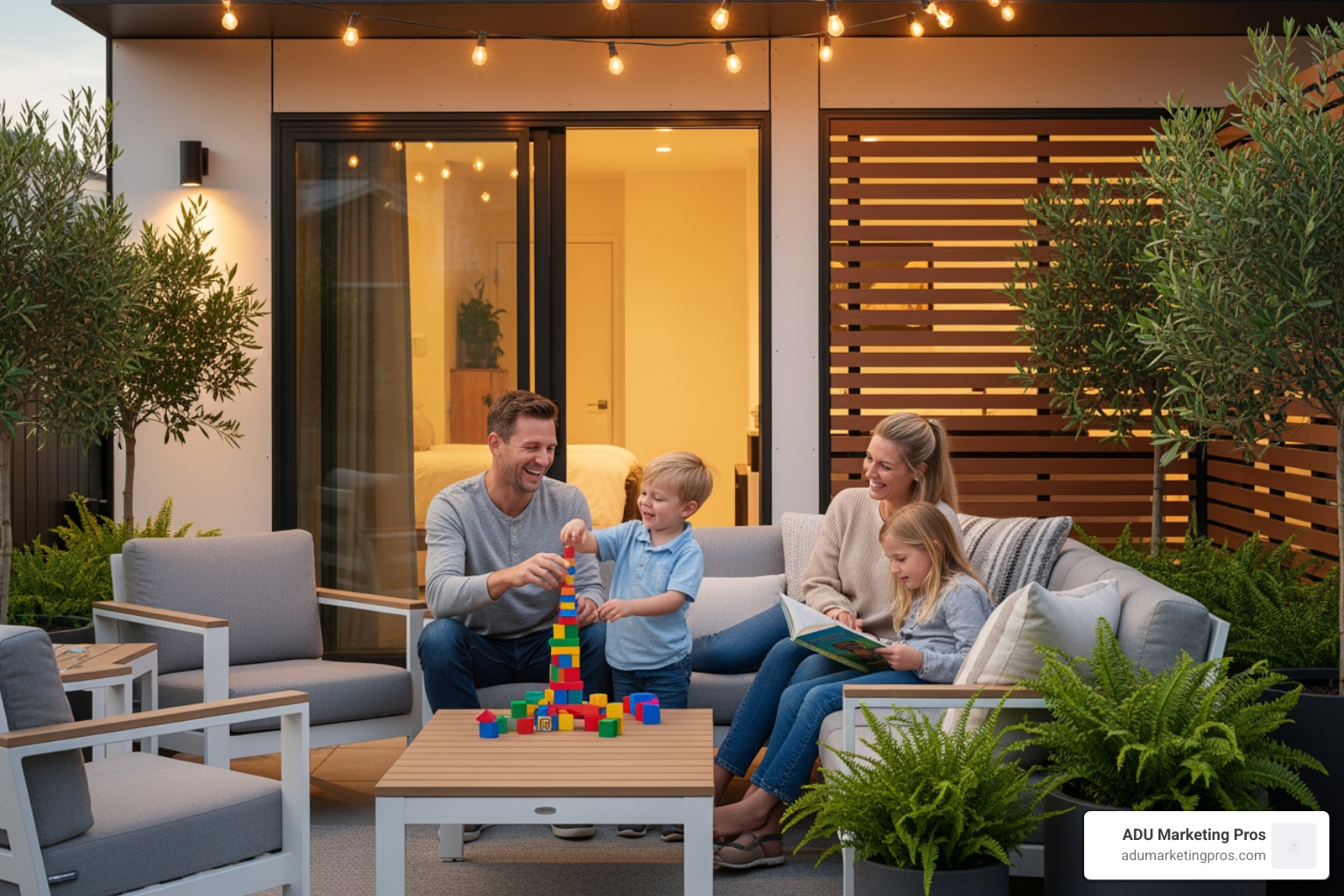 Family enjoying new ADU patio - adu contractors belmont