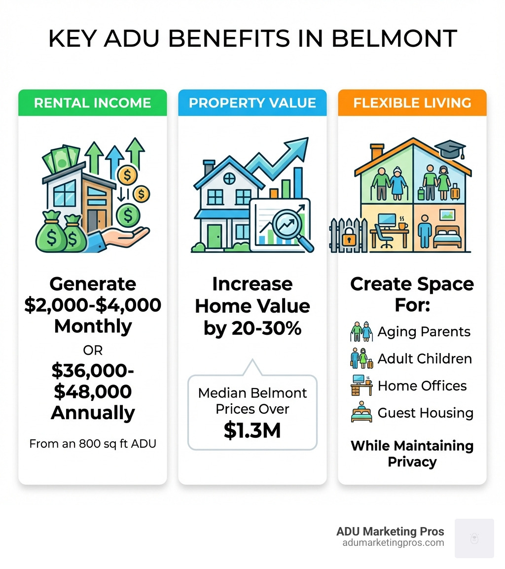 Infographic showing three key ADU benefits in Belmont: 1) Rental Income - Generate $2,000-$4,000 monthly or $36,000-$48,000 annually from an 800 sq ft ADU, 2) Property Value - Increase home value by 20-30% with median Belmont prices over $1.3M, 3) Flexible Living - Create space for aging parents, adult children, home offices, or guest housing while maintaining privacy - adu contractors belmont infographic 