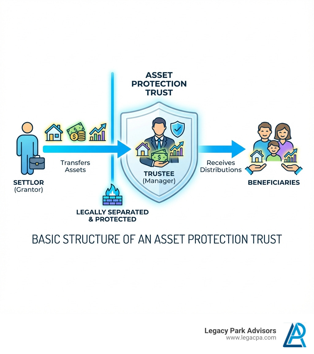 Infographic showing the basic structure of an Asset Protection Trust: a settlor (grantor) on the left transfers assets (represented by icons of a house, stocks, and cash) with an arrow to a trustee in the center (depicted as a professional figure), who holds and manages the assets in the trust (shown as a protective container), with another arrow pointing to beneficiaries on the right (shown as family members) who receive distributions according to trust terms. The diagram clearly shows the separation between the settlor's personal assets and the protected trust assets. - Asset protection trust infographic Infographic showing the basic structure of an Asset Protection Trust: a settlor (grantor) on the left transfers assets (represented by icons of a house, stocks, and cash) with an arrow to a trustee in the center (depicted as a professional figure), who holds and manages the assets in the trust (shown as a protective container), with another arrow pointing to beneficiaries on the right (shown as family members) who receive distributions according to trust terms. The diagram clearly shows the separation between the settlor's personal assets and the protected trust assets. - Asset protection trust infographic