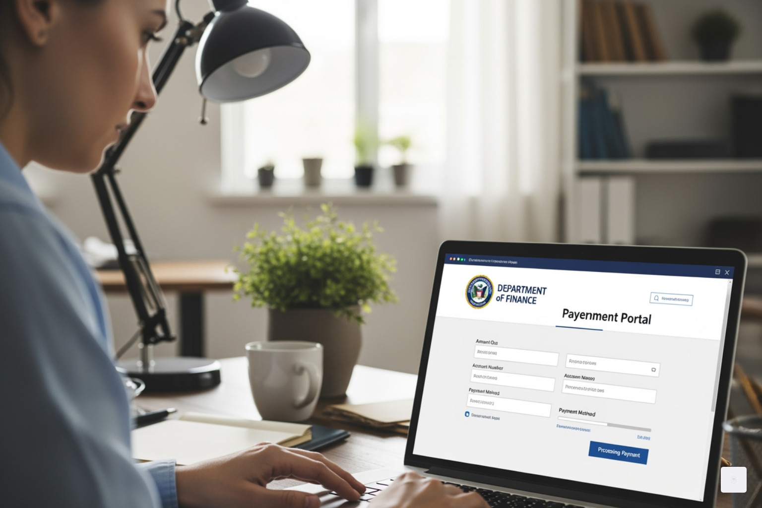 Persona trabajando en una computadora portátil con Pay.gov visible - Solicitud en línea 1023 ez