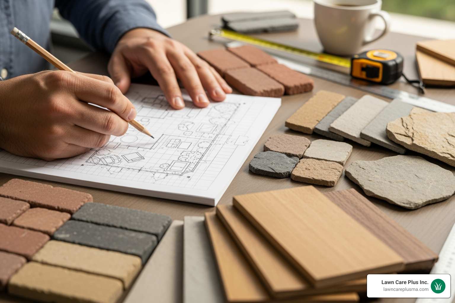 person sketching a patio design on a notepad with material samples nearby - Patio Builder