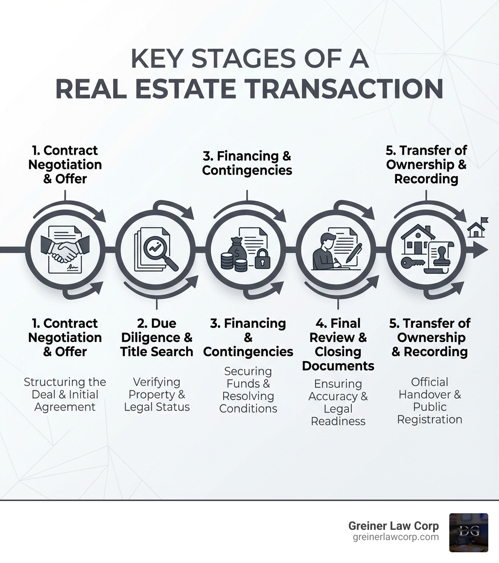 Infographic showing the key stages of a real estate transaction: 1. Contract Negotiation and Offer, 2. Due Diligence and Title Search, 3. Financing and Contingencies, 4. Final Review and Closing Documents, 5. Transfer of Ownership and Recording - real estate law expert infographic Infographic showing the key stages of a real estate transaction: 1. Contract Negotiation and Offer, 2. Due Diligence and Title Search, 3. Financing and Contingencies, 4. Final Review and Closing Documents, 5. Transfer of Ownership and Recording - real estate law expert infographic