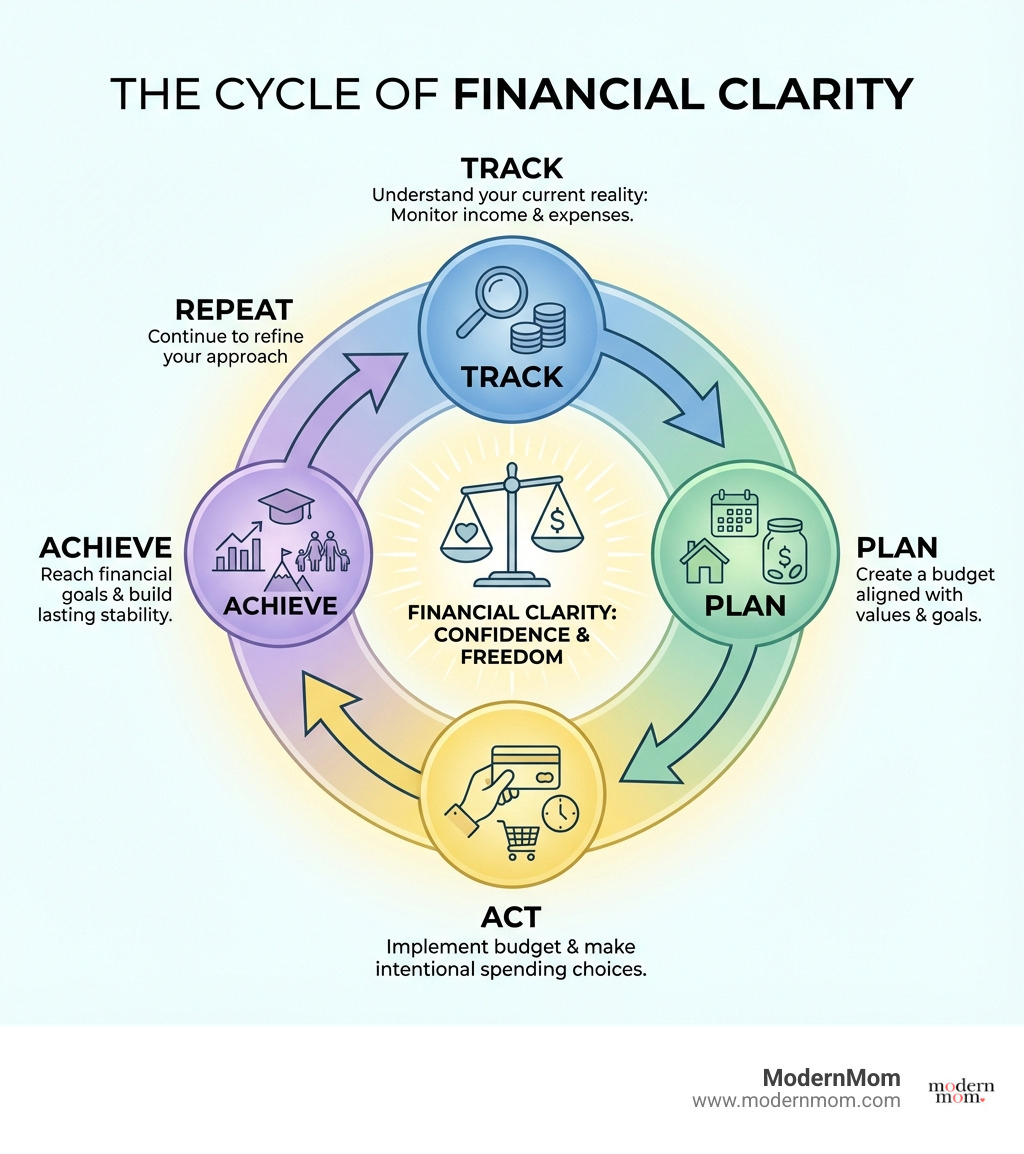 Infographic showing the cycle of Financial Clarity: Track your income and expenses to understand your current reality, Plan by creating a budget aligned with your values and goals, Act by implementing your budget and making intentional spending choices, and Achieve by reaching your financial goals and building lasting stability. The cycle then repeats as you continue to track and refine your approach. - Money, Budgeting & Financial Clarity infographic 