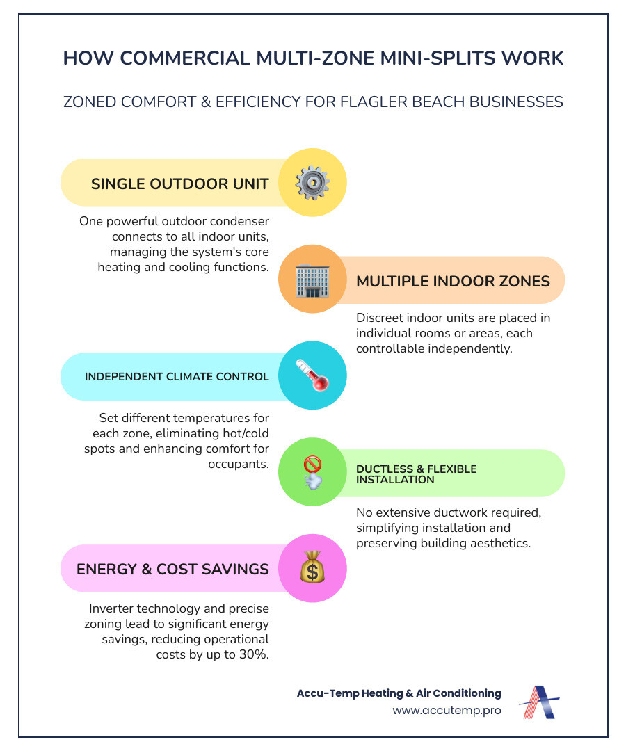 Infographic showing how a commercial multi-zone mini-split heat pump system works with one outdoor condenser connected to multiple indoor units in different rooms of a business, illustrating zoned temperature control and energy flow - mini split heat pumps installation commercial in flagler beach, fl infographic infographic-line-5-steps-colors Infographic showing how a commercial multi-zone mini-split heat pump system works with one outdoor condenser connected to multiple indoor units in different rooms of a business, illustrating zoned temperature control and energy flow - mini split heat pumps installation commercial in flagler beach, fl infographic infographic-line-5-steps-colors