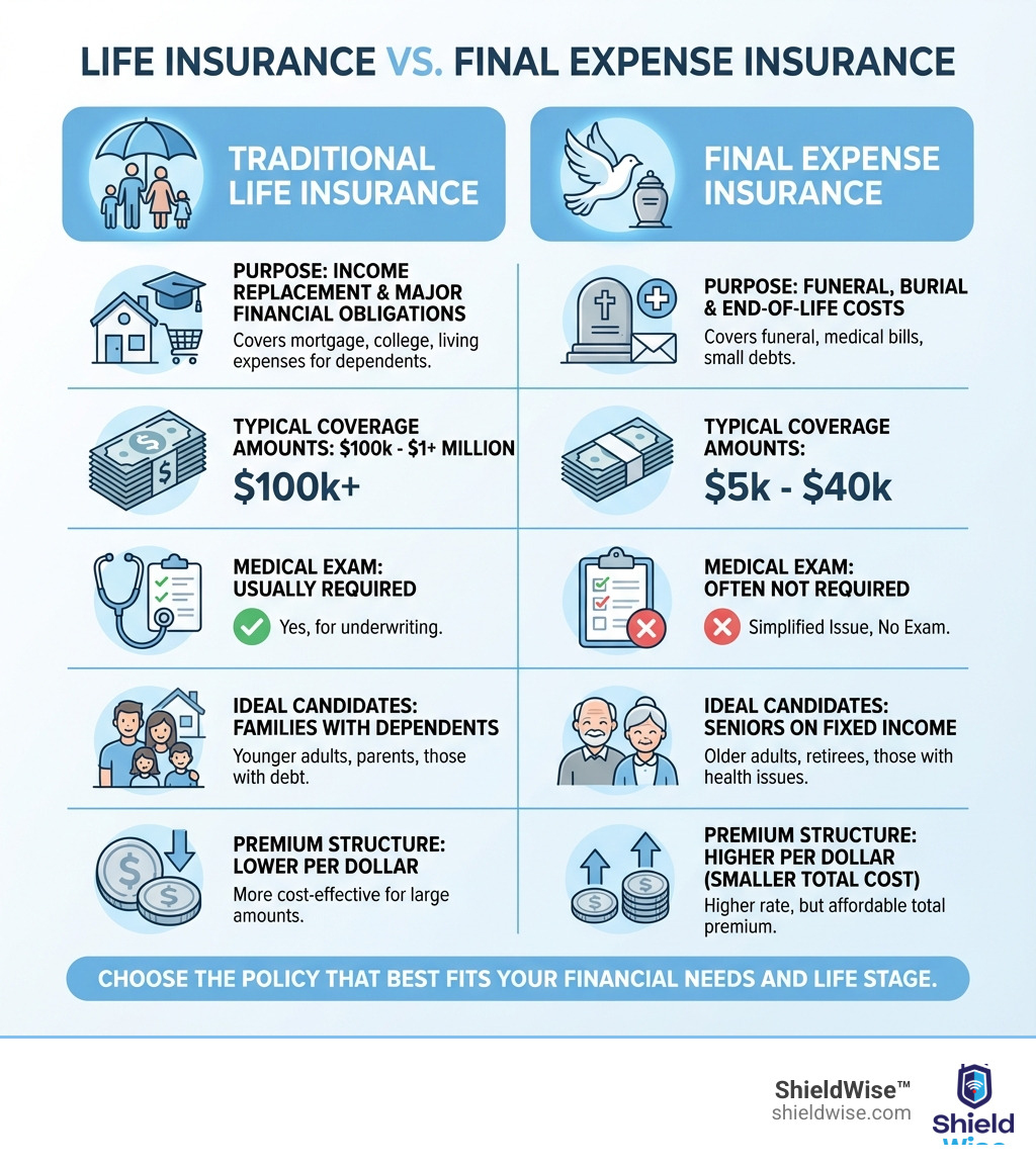 Infographic comparing traditional life insurance and final expense insurance side by side, showing purpose (income replacement vs. funeral costs), typical coverage amounts ($100k+ vs. $5k-$40k), medical exam requirements (usually required vs. often not required), ideal candidates (families with dependents vs. seniors on fixed income), and premium structure (lower per dollar vs. higher per dollar but smaller total cost) - difference between final expense and life insurance infographic 