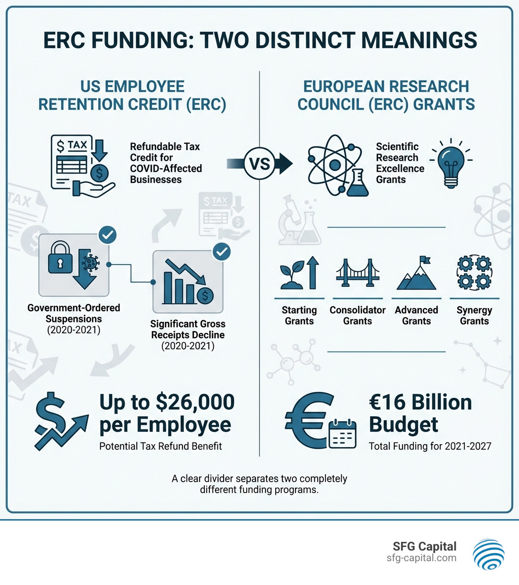 Infographic showing two distinct types of ERC funding: On the left, the US Employee Retention Credit as a refundable tax credit for businesses affected by COVID-19, showing eligibility criteria including government-ordered suspensions and gross receipts decline, with potential benefits of up to $26,000 per employee for 2020-2021. On the right, the European Research Council grants for scientific research excellence, showing grant types including Starting, Consolidator, Advanced, and Synergy Grants with budget of €16 billion for 2021-2027. A clear divider separates these two completely different funding programs. - what is erc funding infographic Infographic showing two distinct types of ERC funding: On the left, the US Employee Retention Credit as a refundable tax credit for businesses affected by COVID-19, showing eligibility criteria including government-ordered suspensions and gross receipts decline, with potential benefits of up to $26,000 per employee for 2020-2021. On the right, the European Research Council grants for scientific research excellence, showing grant types including Starting, Consolidator, Advanced, and Synergy Grants with budget of €16 billion for 2021-2027. A clear divider separates these two completely different funding programs. - what is erc funding infographic