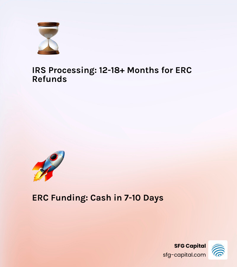 Infographic showing ERC funding timeline comparison: Traditional IRS processing (12-18+ months from Form 941-X filing to refund receipt) versus ERC funding solutions (7-10 days from application to cash in hand), with key milestones including documentation submission, underwriting review, offer acceptance, and funding delivery - ERC funding solutions infographic 2_facts_emoji_light-gradient Infographic showing ERC funding timeline comparison: Traditional IRS processing (12-18+ months from Form 941-X filing to refund receipt) versus ERC funding solutions (7-10 days from application to cash in hand), with key milestones including documentation submission, underwriting review, offer acceptance, and funding delivery - ERC funding solutions infographic 2_facts_emoji_light-gradient