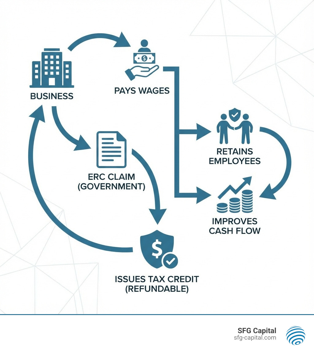 infographic showing ERC process flow from business paying wages to government issues a tax credit to business retains employees and improves cash flow - What is ERC credit infographic 