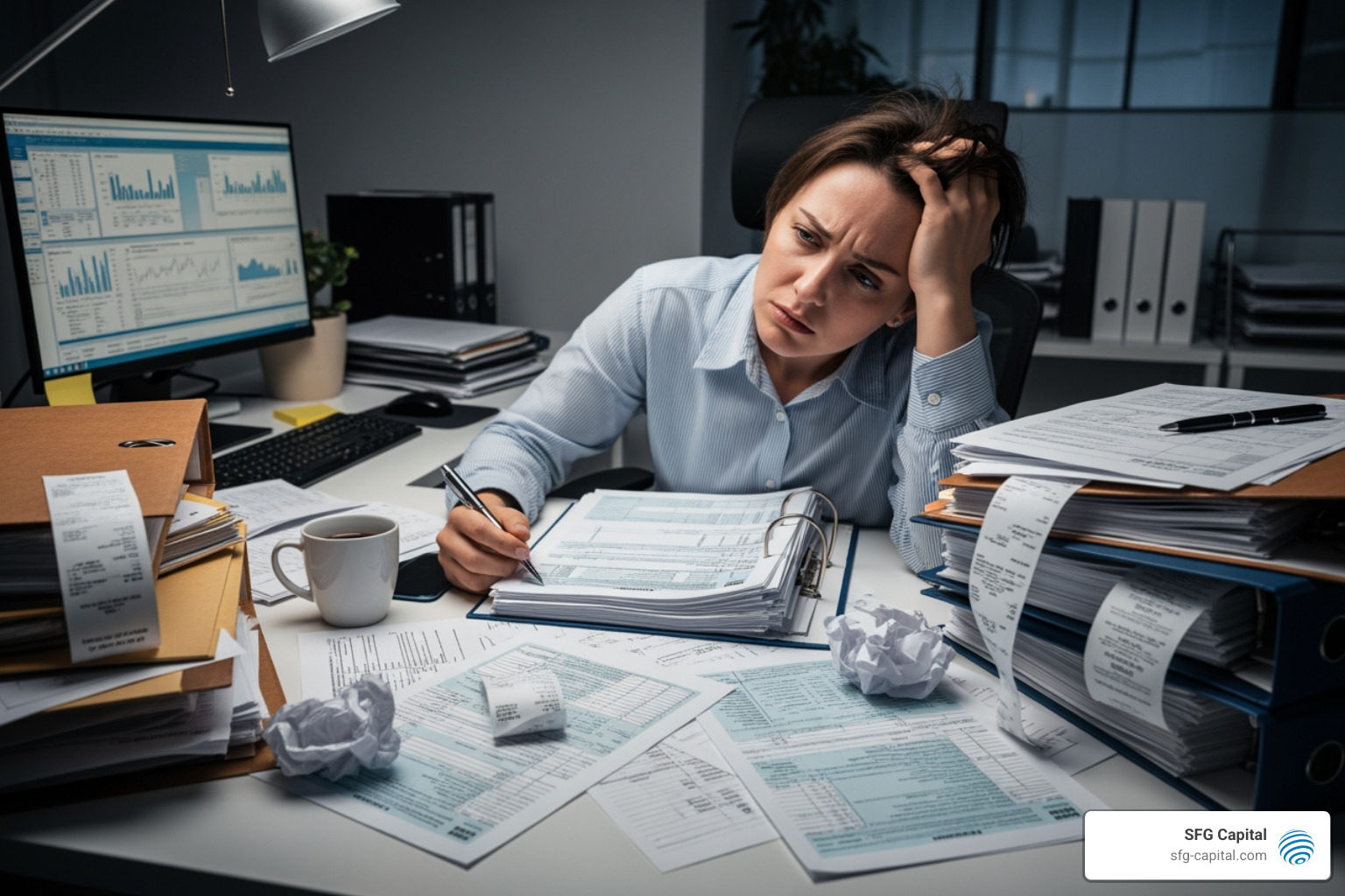 Stressed business owner reviewing complex tax forms - Employee Retention Credit specialist