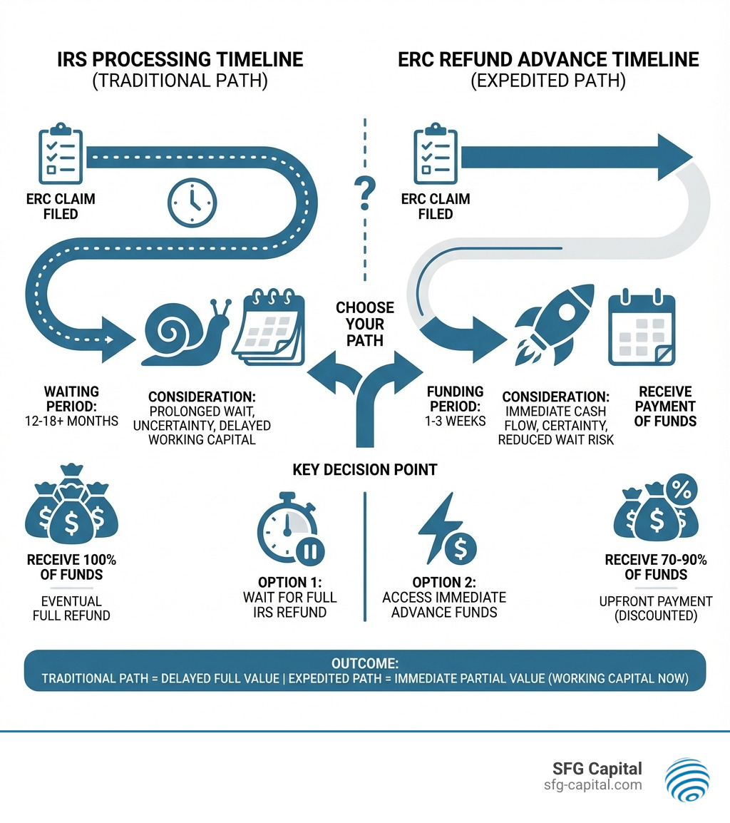 infographic showing two timelines: waiting 12-18 months for IRS processing versus receiving 70-90% of funds in 1-3 weeks through an ERC refund advance, with key decision points and considerations at each stage - erc refund advance infographic 