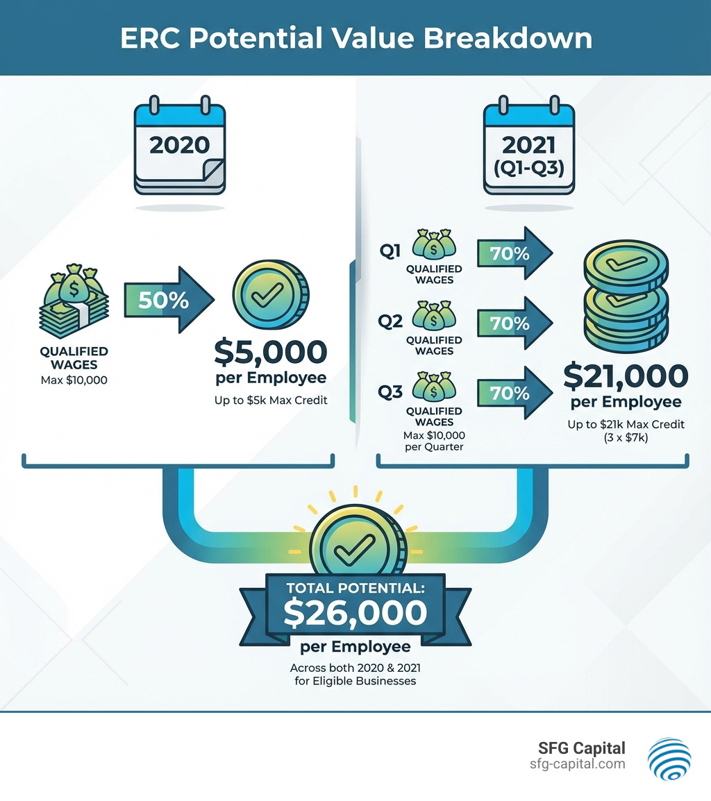 Infographic showing ERC potential value breakdown: 2020 offers up to $5,000 per employee (50% of $10,000 in qualified wages), 2021 offers up to $21,000 per employee (70% of $10,000 per quarter for Q1-Q3), with total potential of $26,000 per employee across both years for eligible businesses - Employee Retention Credit specialist infographic 
