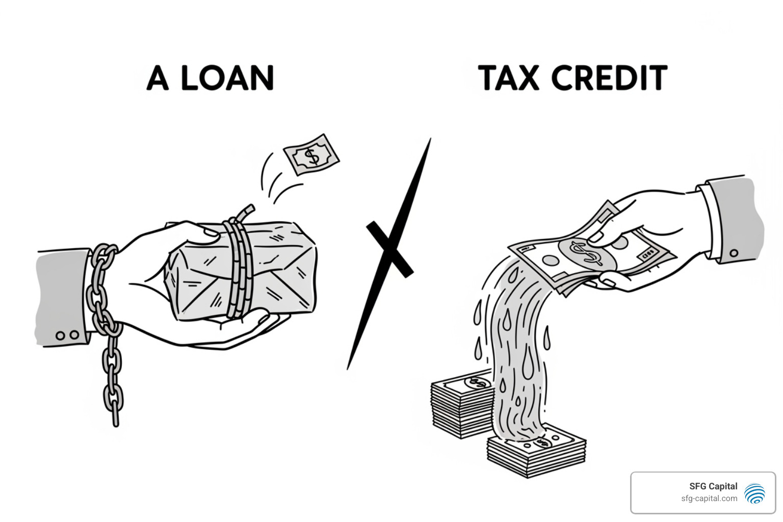 Flowchart illustrating the difference between a loan (repayable, often with interest and restrictions) and a tax credit (reduces tax liability, can be a refund, no repayment) - what can ertc funds be used for