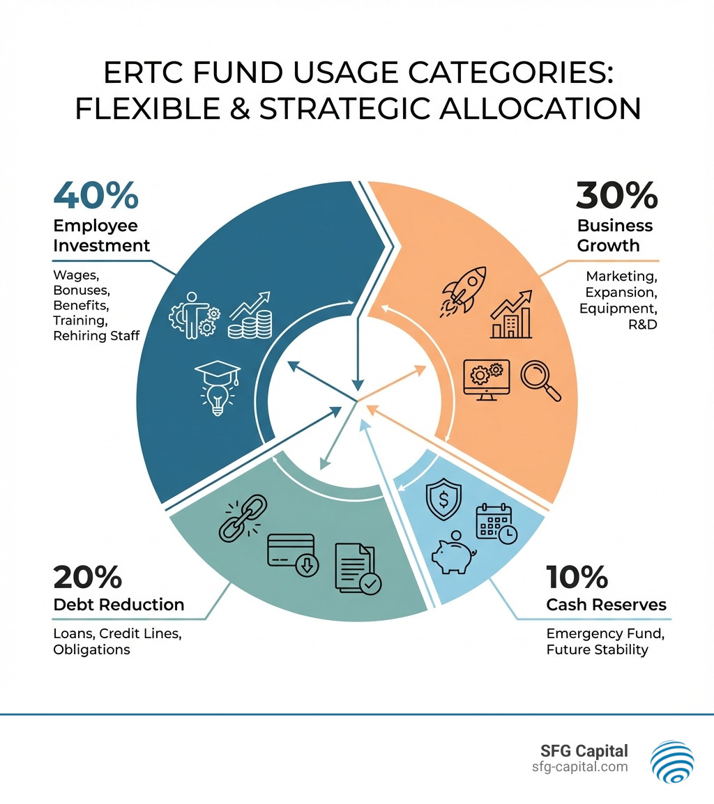 Infographic showing ERTC fund usage categories: 40% Employee Investment (wages, bonuses, benefits, training), 30% Business Growth (marketing, expansion, equipment, R&D), 20% Debt Reduction (loans, credit lines, obligations), 10% Cash Reserves (emergency fund, future stability) - what can ertc funds be used for infographic 