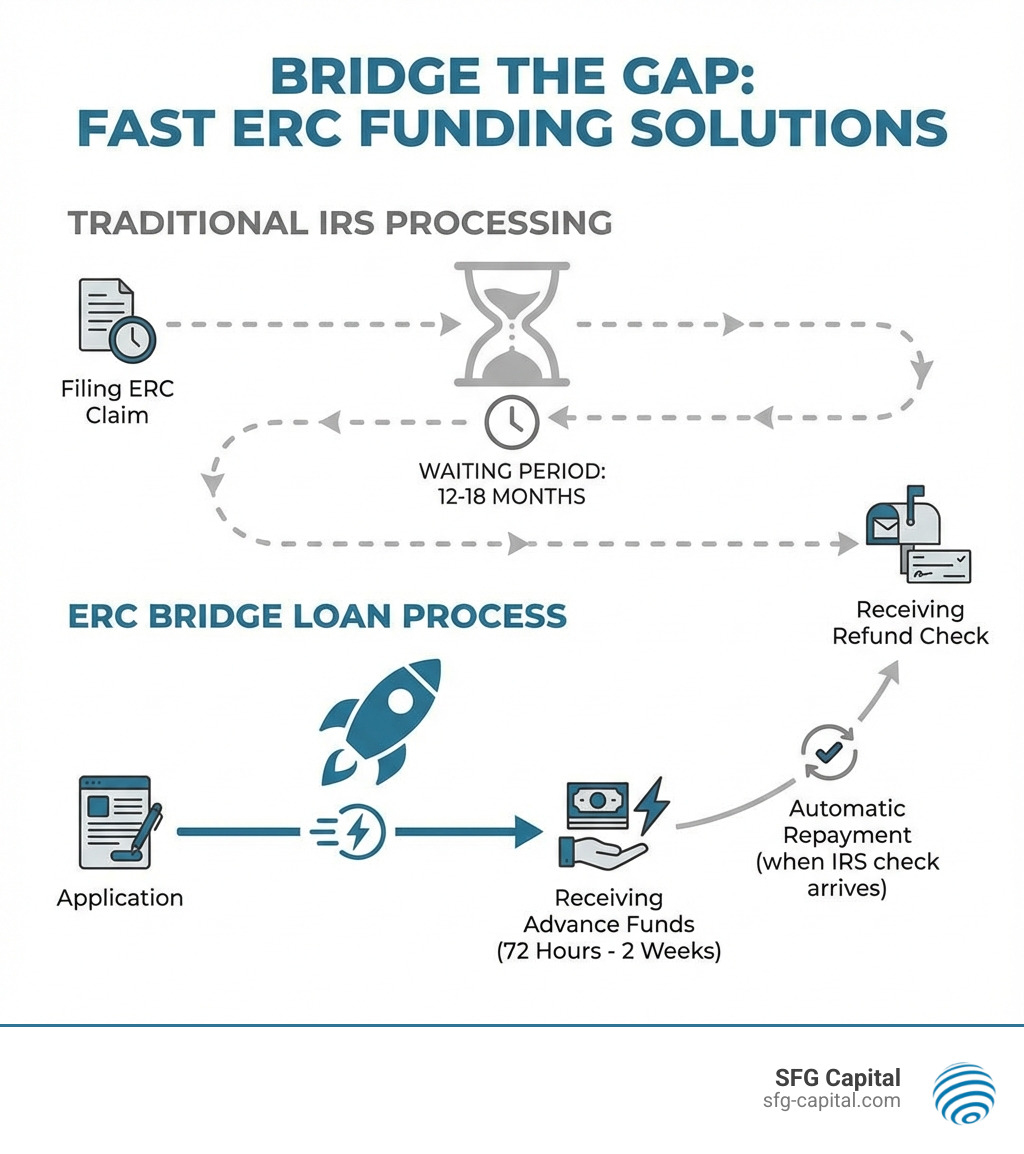 Infographic showing two timelines: Traditional IRS processing taking 12-18 months from filing to receiving refund check versus ERC bridge loan process showing 72 hours to 2 weeks from application to receiving advance funds, with automatic repayment when IRS check arrives - erc bridge loans infographic 