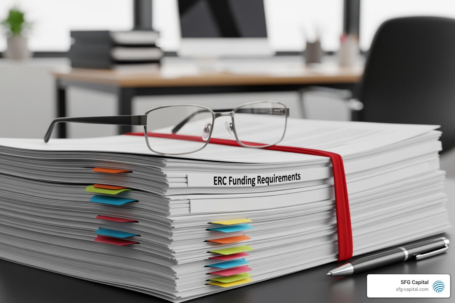 Magnifying glass over tax form with red flags highlighted - ERC funding requirements