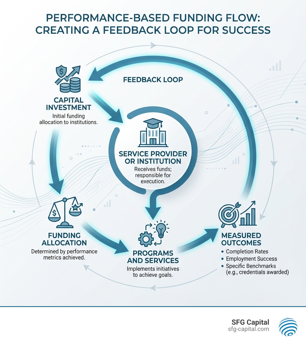 Infographic showing the performance-based funding flow: Capital Investment flows to Service Provider or Institution, which implements Programs and Services, leading to Measured Outcomes (completion rates, employment, specific benchmarks), which determines Funding Allocation based on performance metrics, creating a feedback loop back to Capital Investment - Performance-based funding infographic 