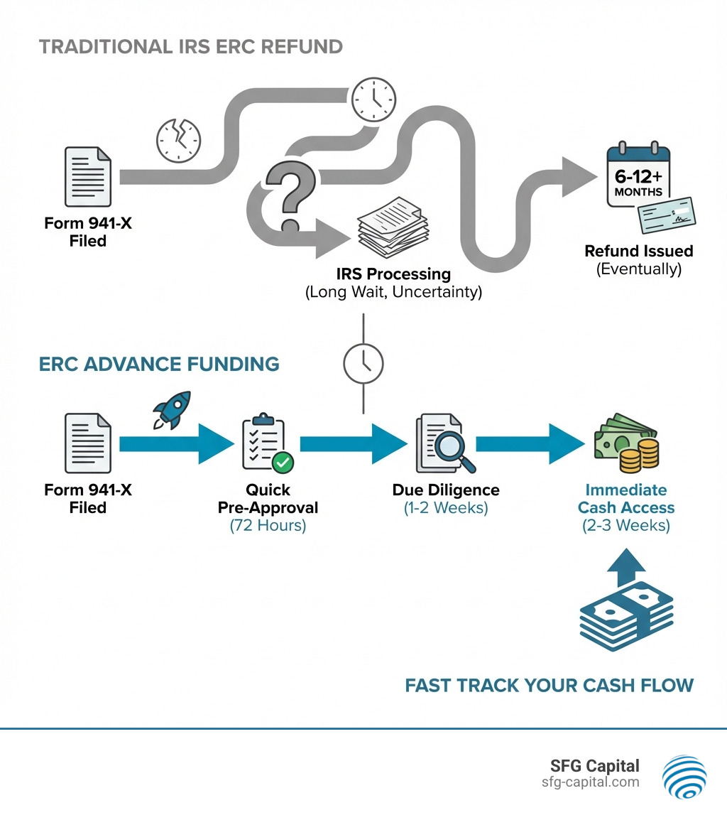 Infographic comparing IRS ERC refund timeline of 6-12+ months versus ERC advance funding timeline of 2-3 weeks, showing the stages: Form 941-X filed, traditional IRS processing with long wait times and uncertainty, versus advance funding with quick pre-approval in 72 hours, due diligence in 1-2 weeks, and immediate cash access - erc advance funding infographic 