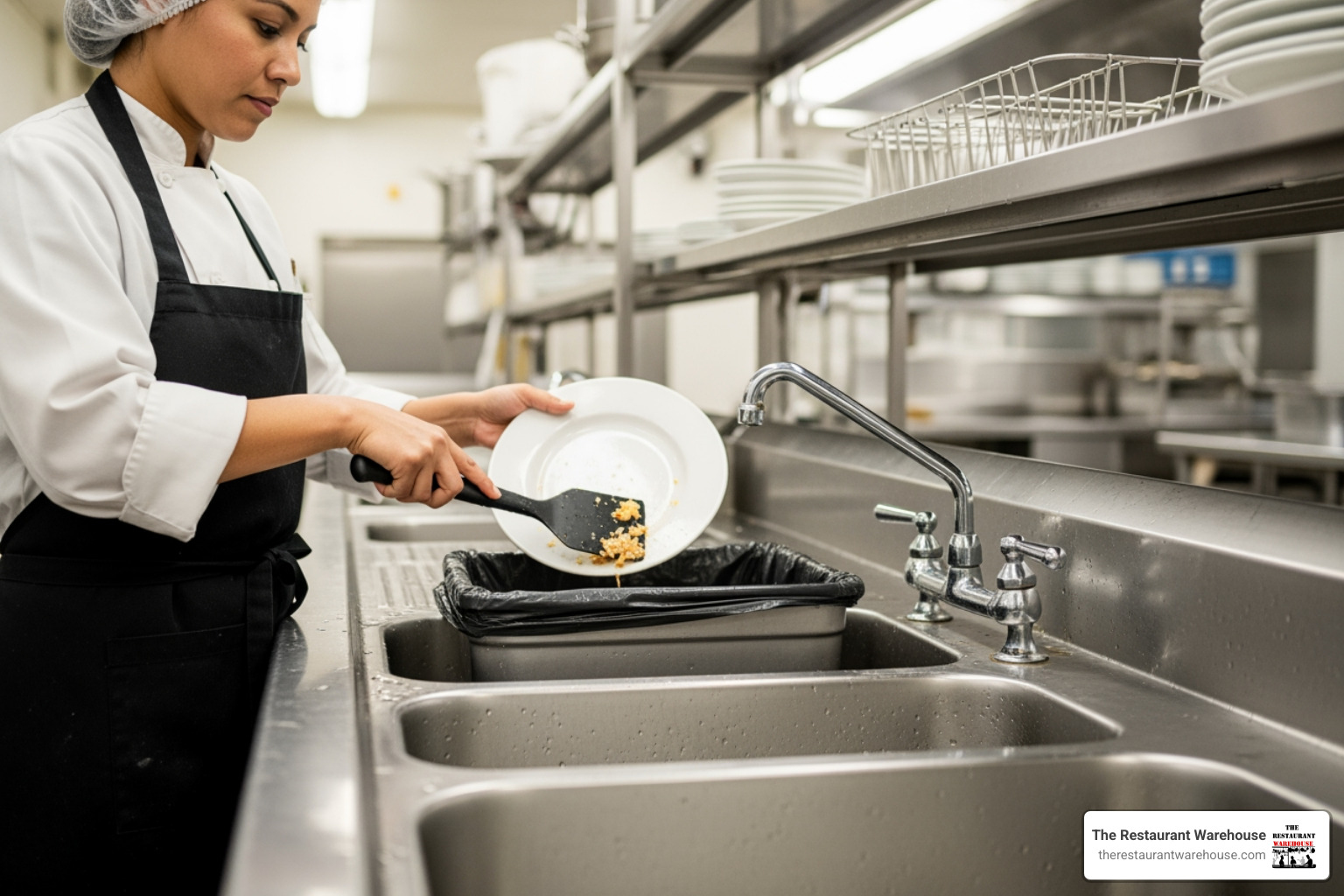 Food service worker scraping a plate into a bin before placing it in the first bay of a 3-bay sink - 3 bay wash sink