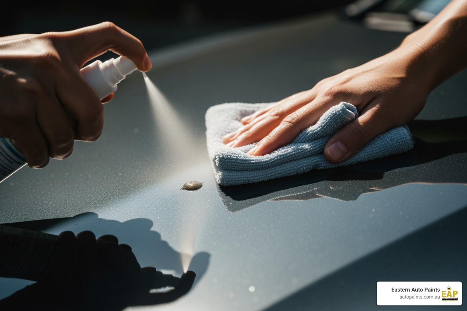 A person spraying a cleaning solution onto a spot of car paint etching and wiping it with a microfiber cloth.