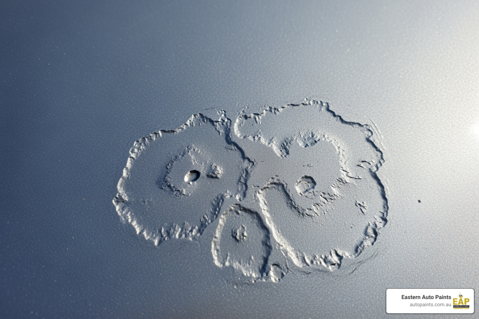 Close-up of severe car paint etching on a silver panel caused by bird droppings or environmental contaminants.