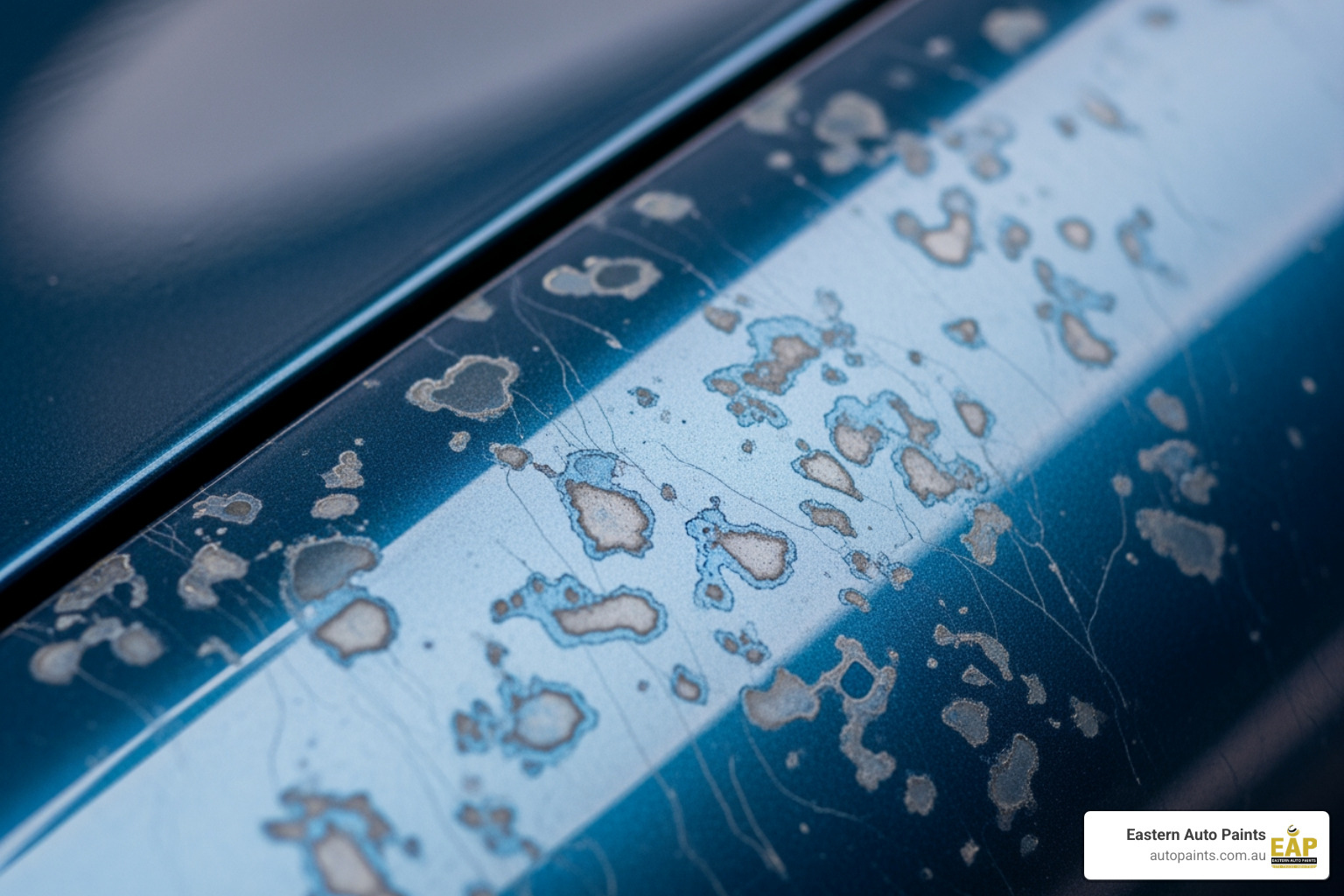 Severe car paint etching and clear coat failure visible as speckled, peeling spots on a blue metallic vehicle.