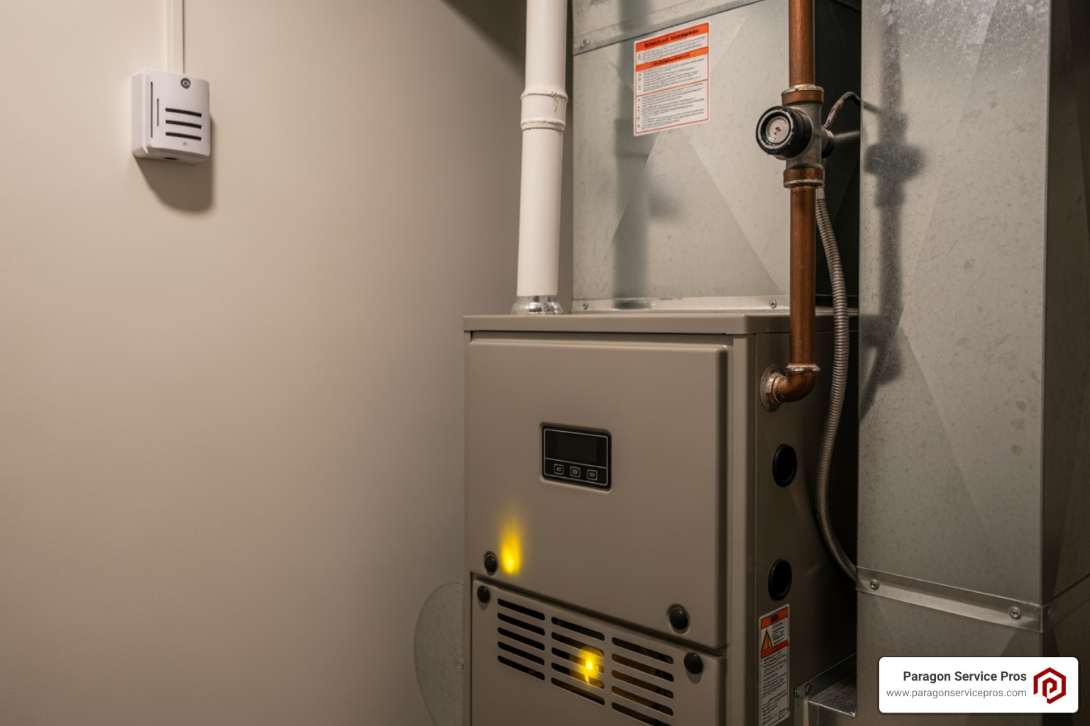 Infographic showing the top 5 signs of a furnace emergency: no heat production, gas smell or CO alarm, loud banging or screeching noises, yellow or flickering pilot light, and water pooling around the unit - emergency furnace maintenance in mesa, az