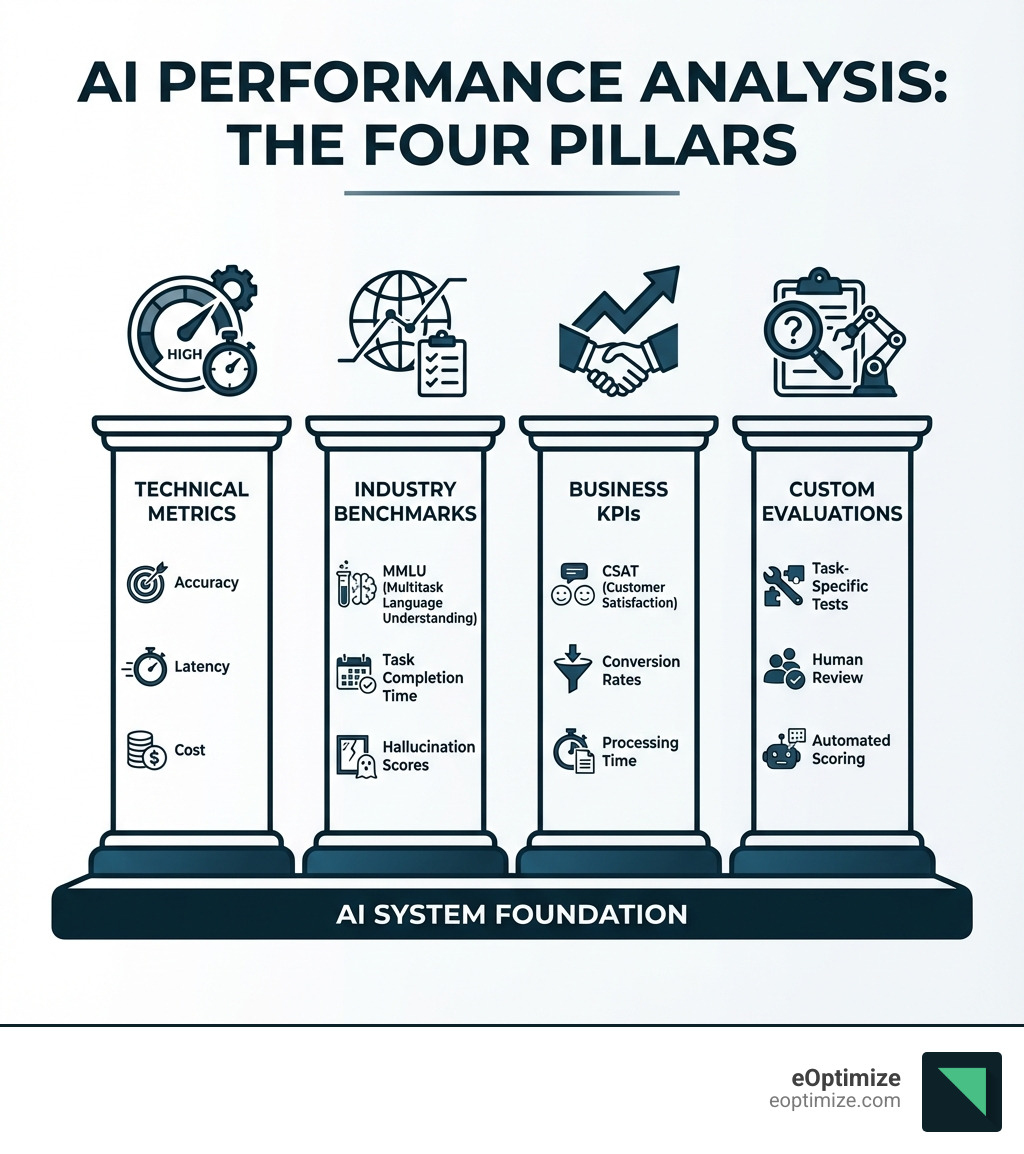 Infographic showing the four pillars of AI performance analysis: Technical Metrics (accuracy, latency, cost), Industry Benchmarks (MMLU, task completion time, hallucination scores), Business KPIs (CSAT, conversion rates, processing time), and Custom Evaluations (task-specific tests, human review, automated scoring) - AI performance analysis infographic 