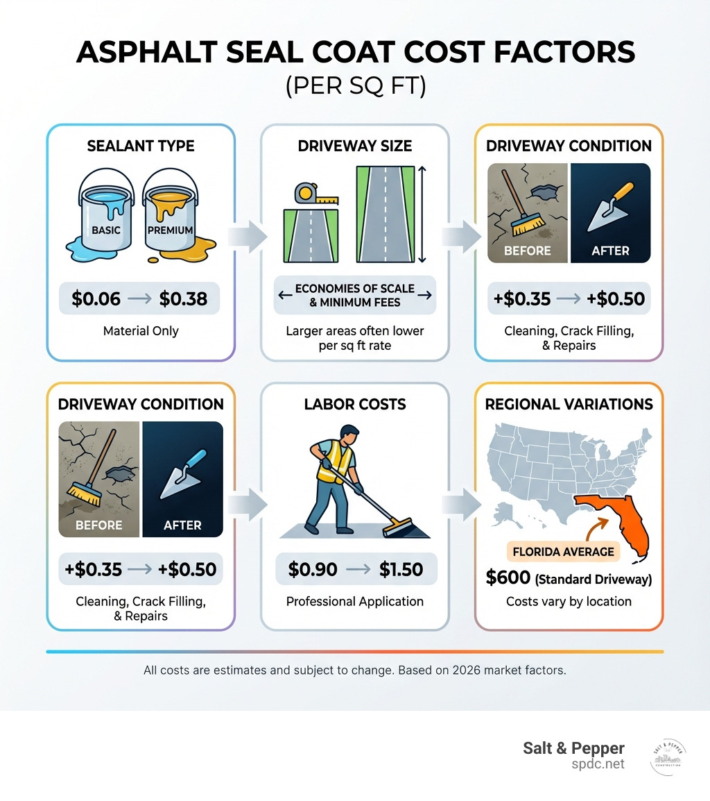 Infographic showing the key cost factors for asphalt sealcoating: sealant type ranging from $0.06 to $0.38 per square foot, driveway size affecting economies of scale and minimum fees, driveway condition requiring cleaning, crack filling, and repairs adding $0.35 to $0.50 per square foot, labor costs averaging $0.90 to $1.50 per square foot, and regional variations with Florida averaging $600 for a standard driveway - asphalt seal coat cost per square foot infographic Infographic showing the key cost factors for asphalt sealcoating: sealant type ranging from $0.06 to $0.38 per square foot, driveway size affecting economies of scale and minimum fees, driveway condition requiring cleaning, crack filling, and repairs adding $0.35 to $0.50 per square foot, labor costs averaging $0.90 to $1.50 per square foot, and regional variations with Florida averaging $600 for a standard driveway - asphalt seal coat cost per square foot infographic