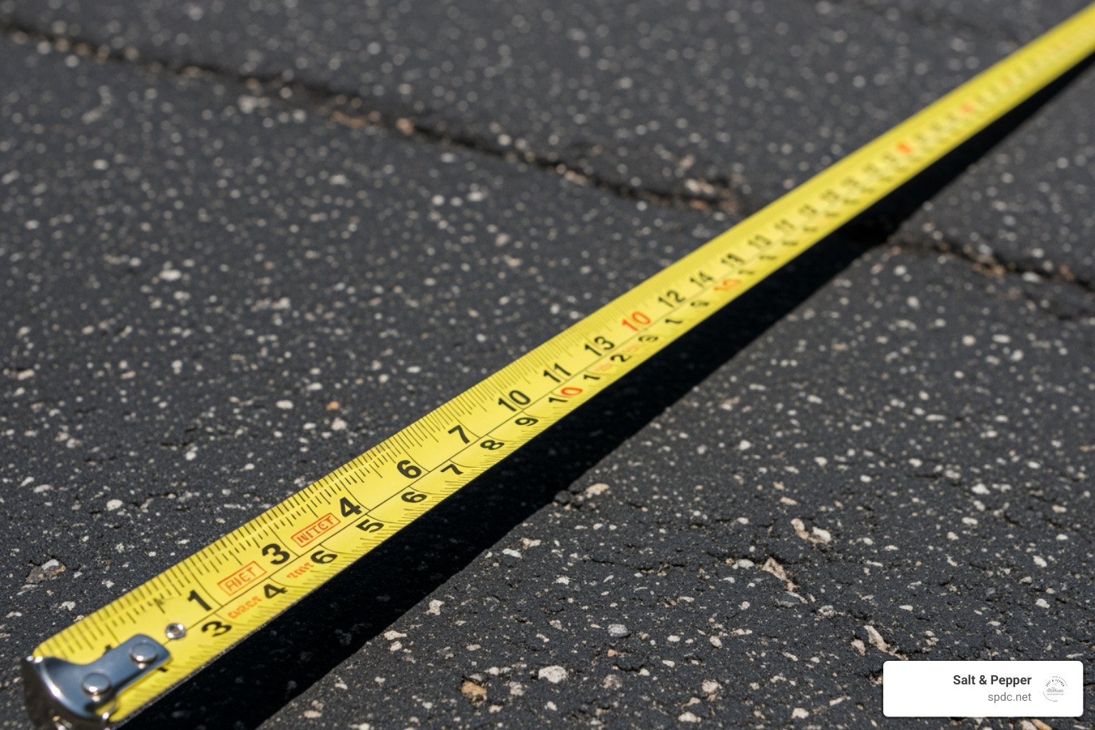 a measuring tape on an asphalt driveway, illustrating square footage calculation - asphalt seal coat cost per square foot a measuring tape on an asphalt driveway, illustrating square footage calculation - asphalt seal coat cost per square foot