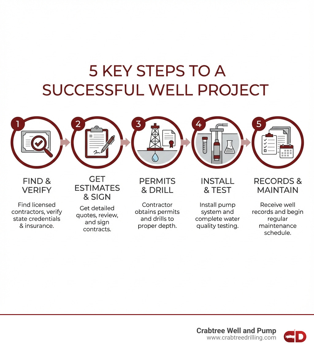 Infographic showing 5 key steps: 1. Find licensed contractors and verify credentials, 2. Get detailed written estimates and sign contracts, 3. Contractor obtains permits and drills well to proper depth, 4. Install pump system and complete water quality testing, 5. Receive well records and begin regular maintenance schedule - well digging contractors infographic 
