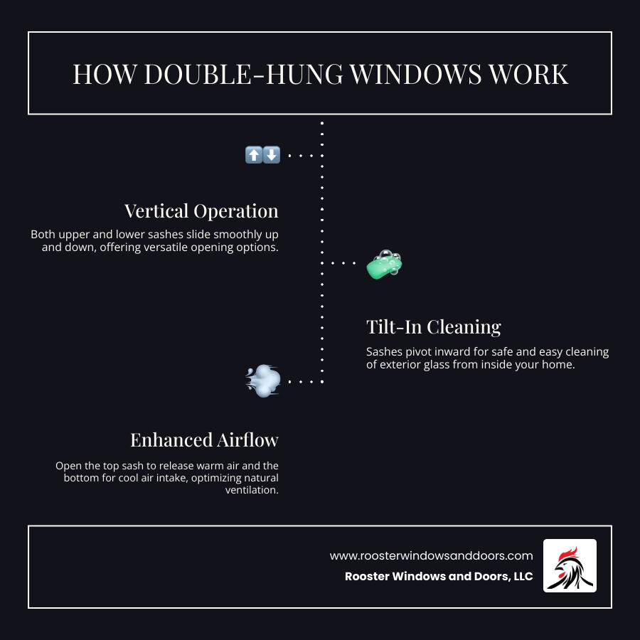 infographic showing double hung window operation with arrows indicating both sashes sliding up and down, tilting inward for cleaning, and airflow patterns with top sash lowered and bottom sash raised - double hung replacement windows infographic infographic-line-3-steps-dark